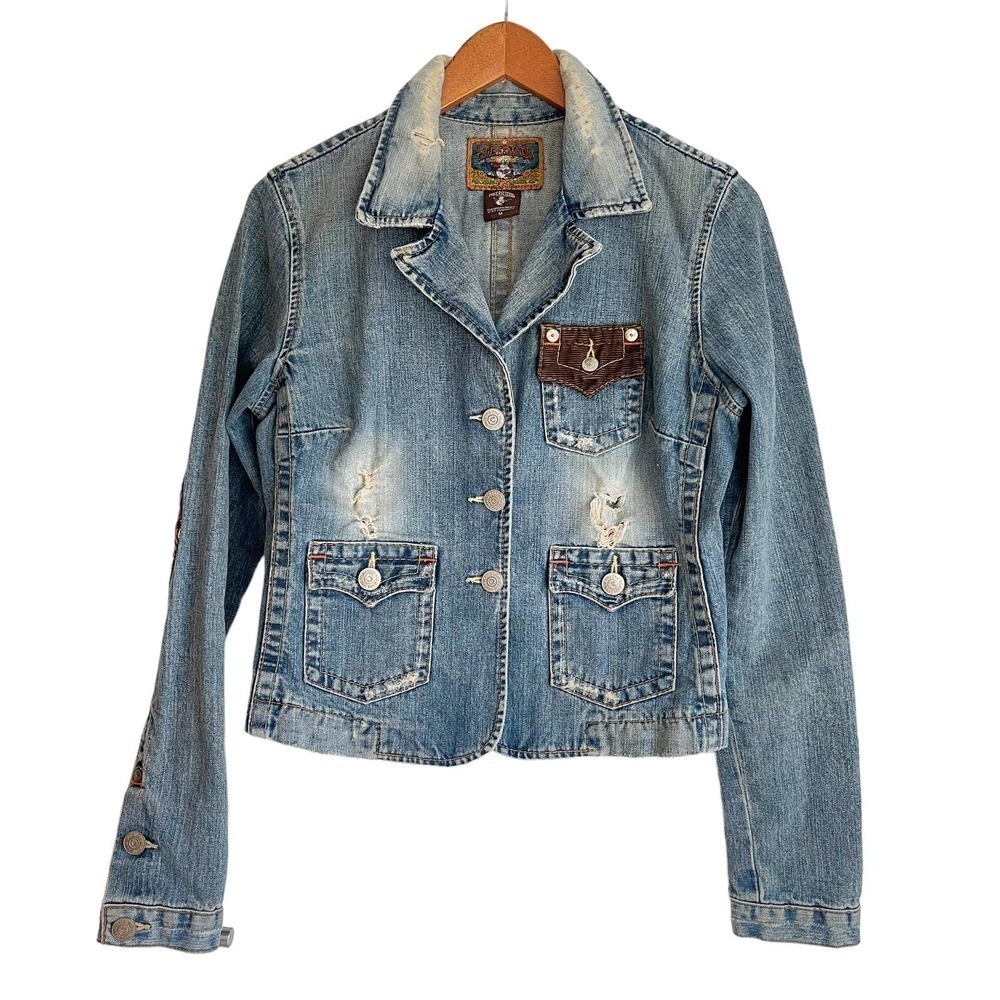 Vintage Rare True Religion World Tour Distressed Denim Jacket Women’s Size M